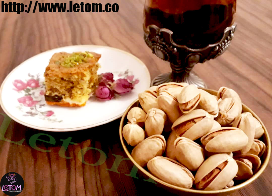 Iranian organic pistachio with black tea and cake