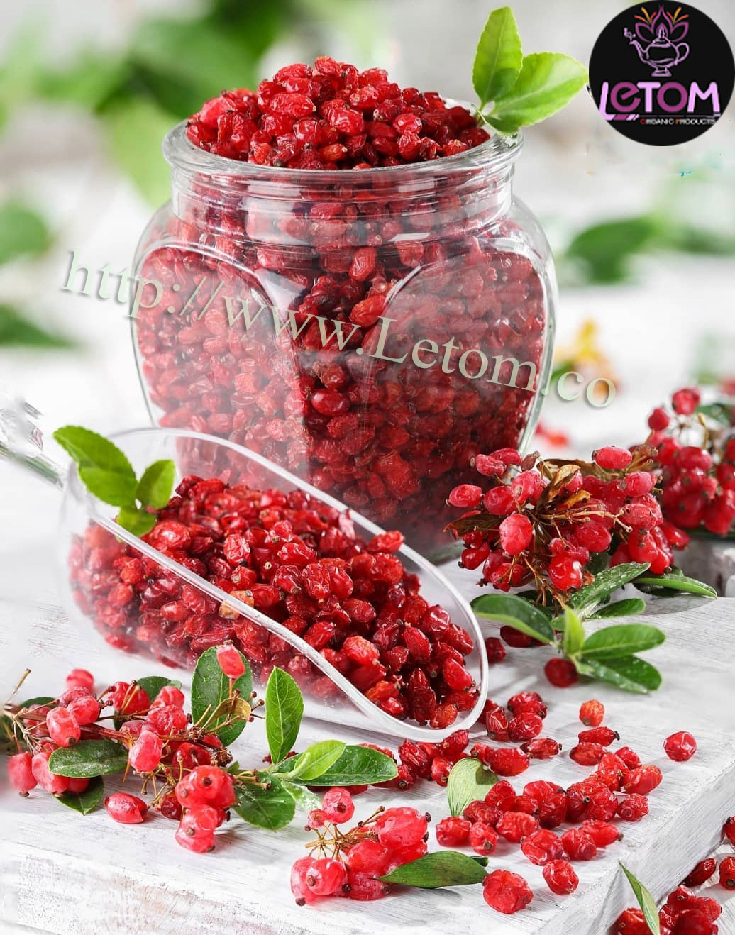 Organic and natural barberry in glass on wholesale table