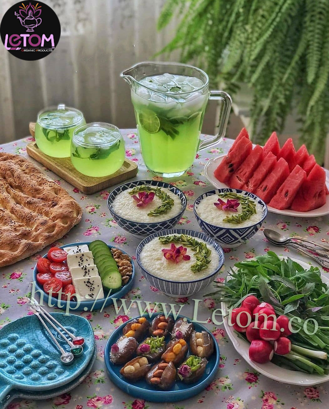 A table full of healthy foods and vegetables in the Rose Tea article
